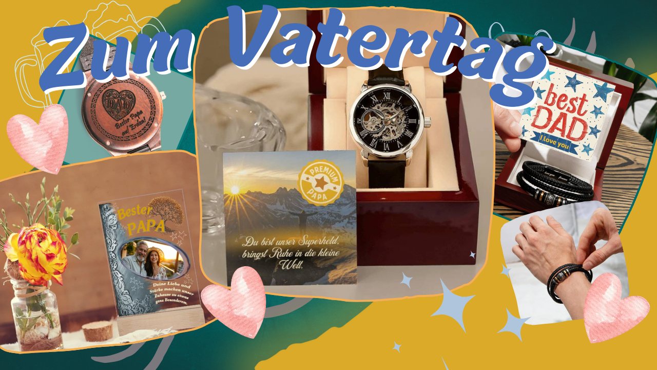 kollektion-tafel-vatertag-mit-personalisierten-geschenken-wie-fotoaufsteller-gravierte-uhr-mit-grußkarte-und-männerarmband-in-geschenkbox