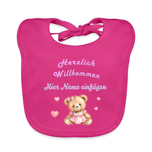 Baby Bio-Lätzchen "Herzlich Willkommen" mit Name - Fuchsia