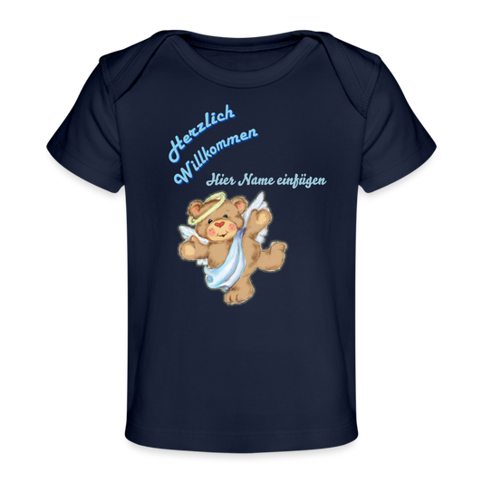 Baby Bio-T-Shirt Herzlich Willkommen" mit Name - Dunkelnavy