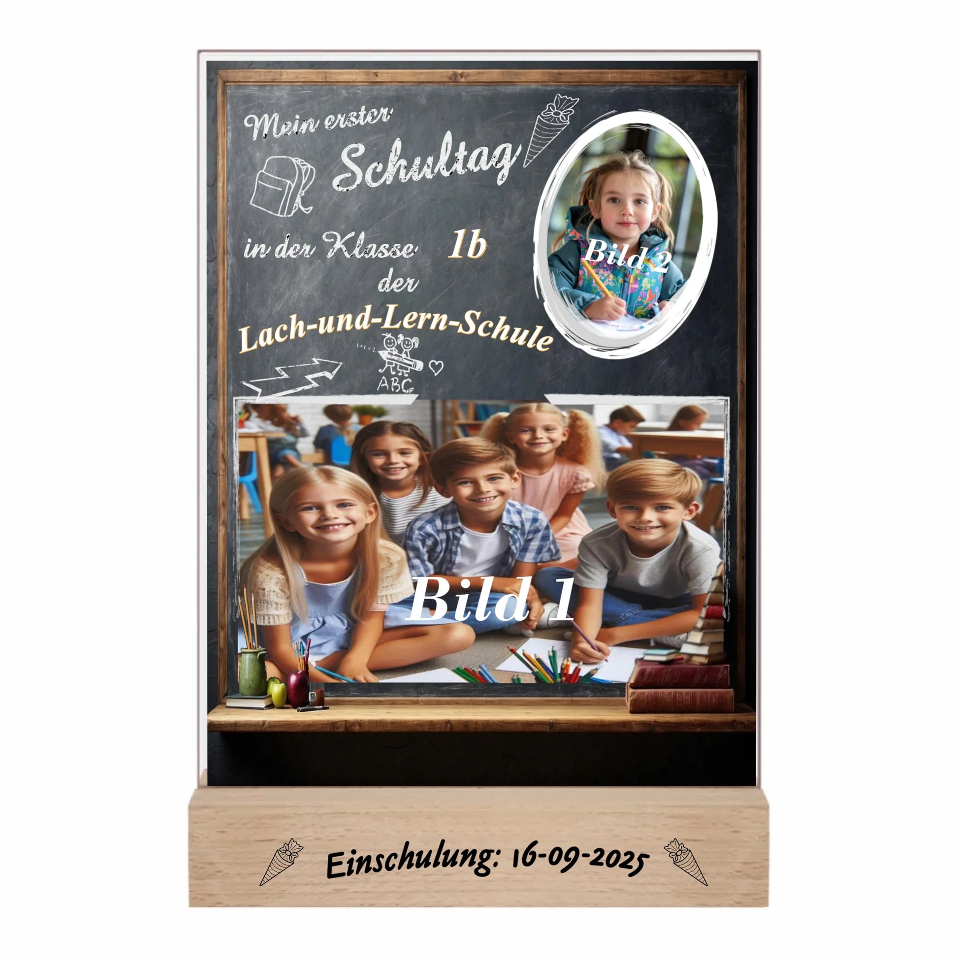 personalisierte-erinnerungstafel-15x20cm-aus-acrylglas-mit-2-fotos-name-der-schule-und-der-klasse-hintergrund-schultafel-bedruckt-mit-echtholz-standfuß-graviert-mit-einschulungsdatum
