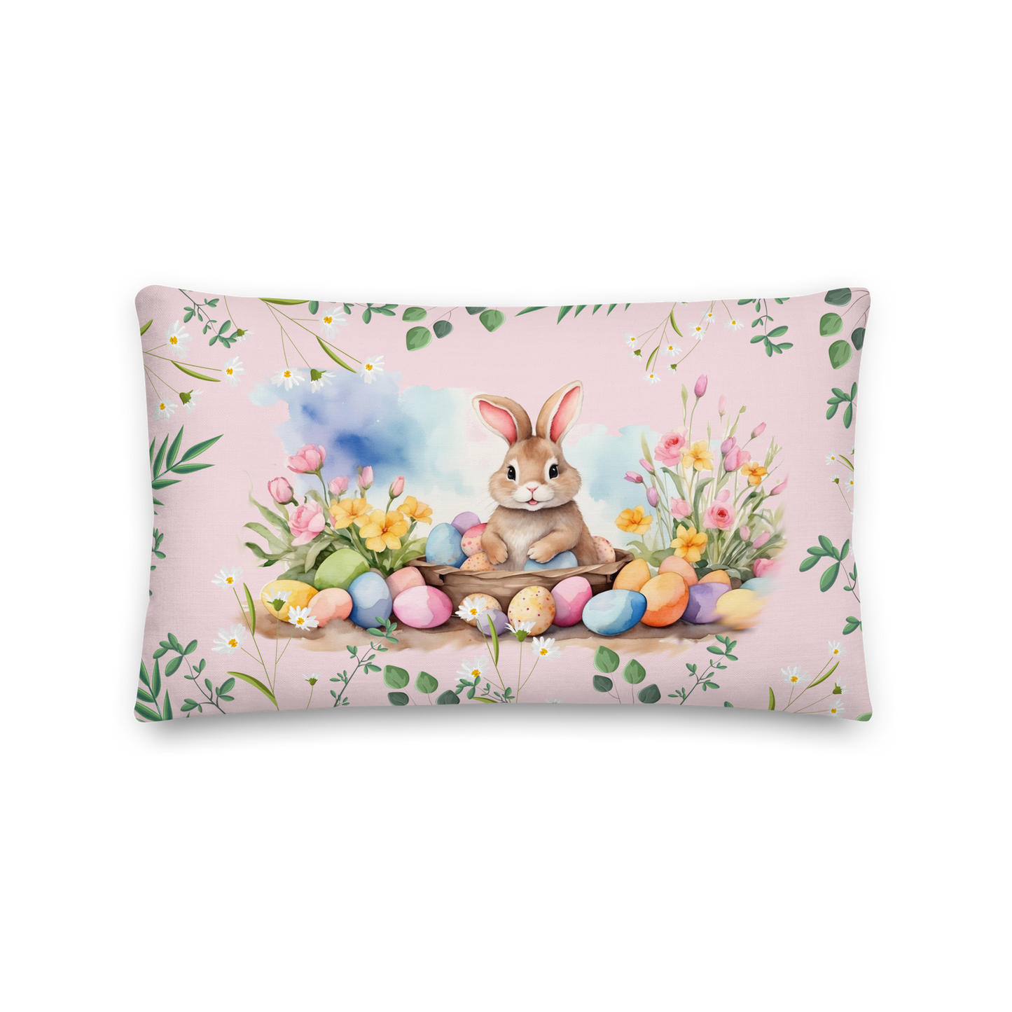 dekokissen-zartem-rosa-zu-ostern-mit-hasenmotiv-auf-vorderseite-und-schriftzug-frohe-ostern-schriftzug-auf-rückseite-50 x 30cm