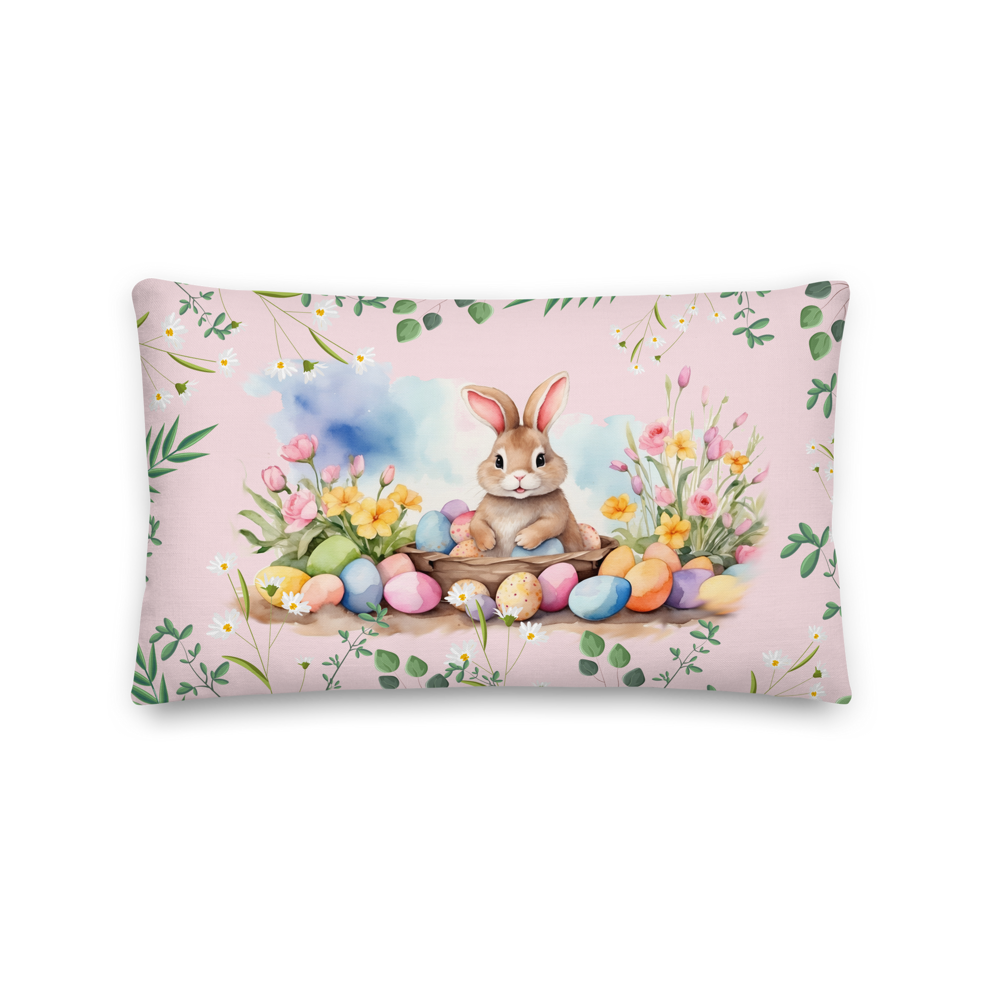 dekokissen-zartem-rosa-zu-ostern-mit-hasenmotiv-auf-vorderseite-und-schriftzug-frohe-ostern-schriftzug-auf-rückseite-50 x 30cm