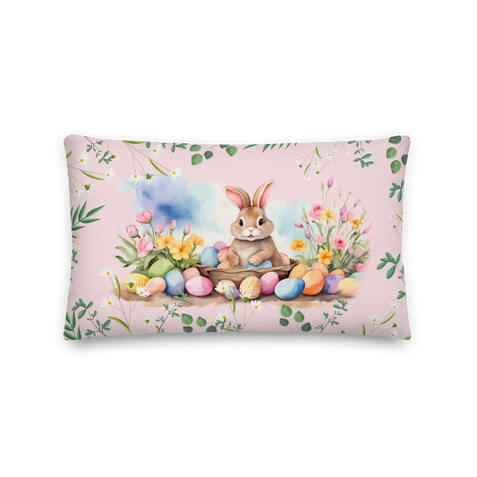 dekokissen-zartem-rosa-zu-ostern-mit-hasenmotiv-auf-vorderseite-und-schriftzug-frohe-ostern-schriftzug-auf-rückseite-50 x 30cm