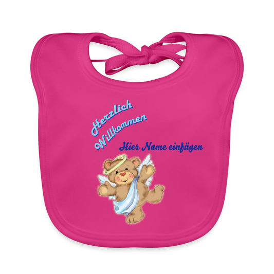 Baby Bio-Lätzchen "Herzlich Willkommen" - Fuchsia