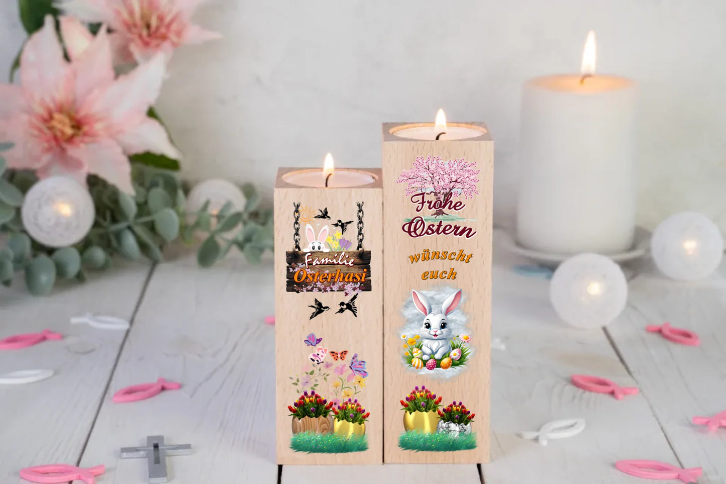 Personalisierbare Osterdeko: Holz-Teelichthalter-Set