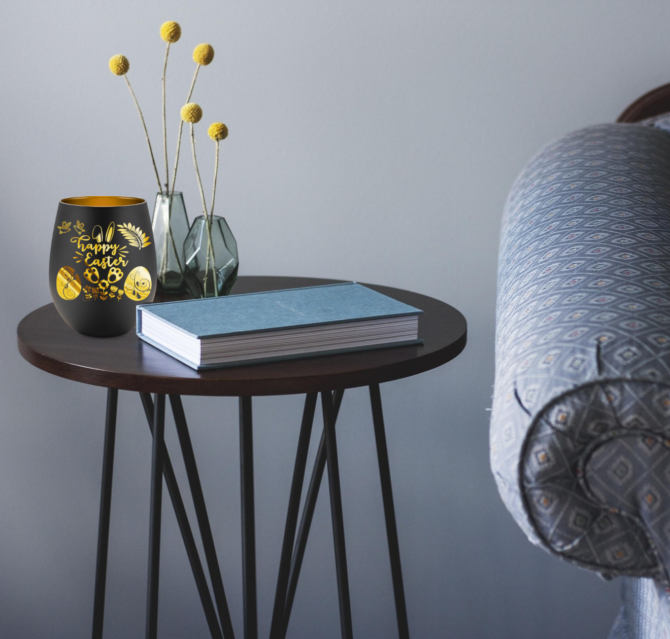 Windlicht Glas, Teelichthalter in Schwarz & Gold "Happy Easter" - Greez24