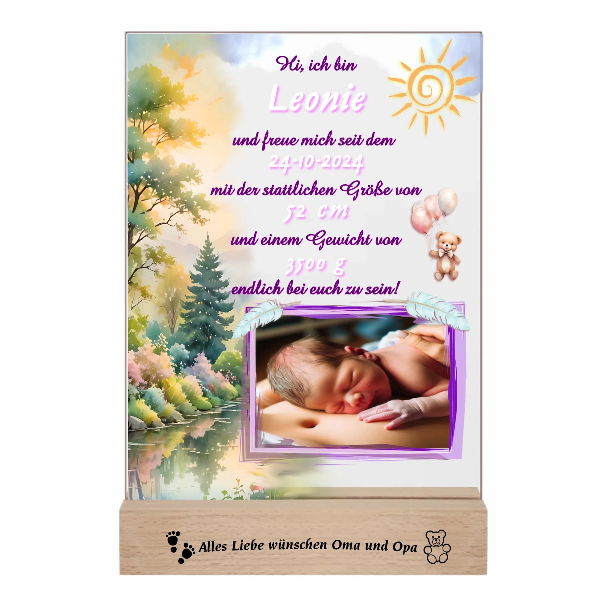 acrylglas-fotoaufsteller-15x20cm-mit-graviertem-standfuß-aus-holz-personalisierter-steckbrief-mit-geburtsdaten-und-foto-hauptfarbe-des-designs-pink-und-pasteltoene-standfuss-mit-wunschtext-graviert