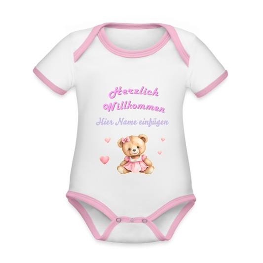 Baby Bio-Body "Herzlich Willkommen" mit Name - Weiß/Rose