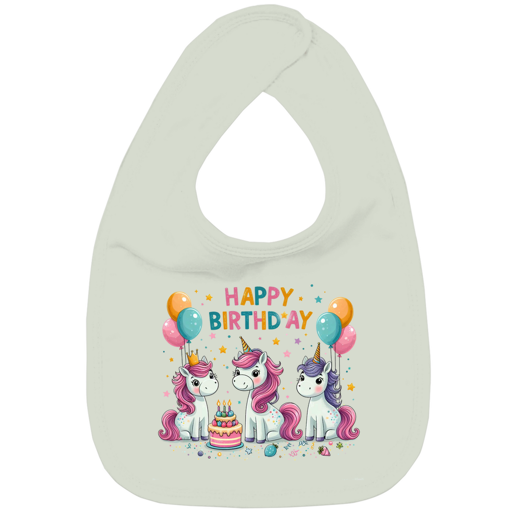 baby-lätzchen-mit-einhorn-motiv-und-schriftzug-happy-birthday-grau