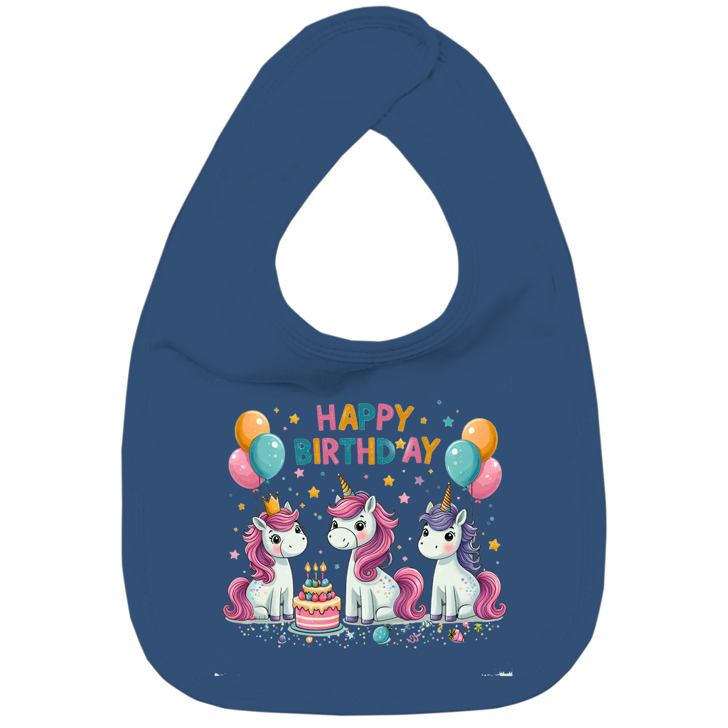 baby-lätzchen-mit-einhorn-motiv-und-schriftzug-happy-birthday-navy-blau