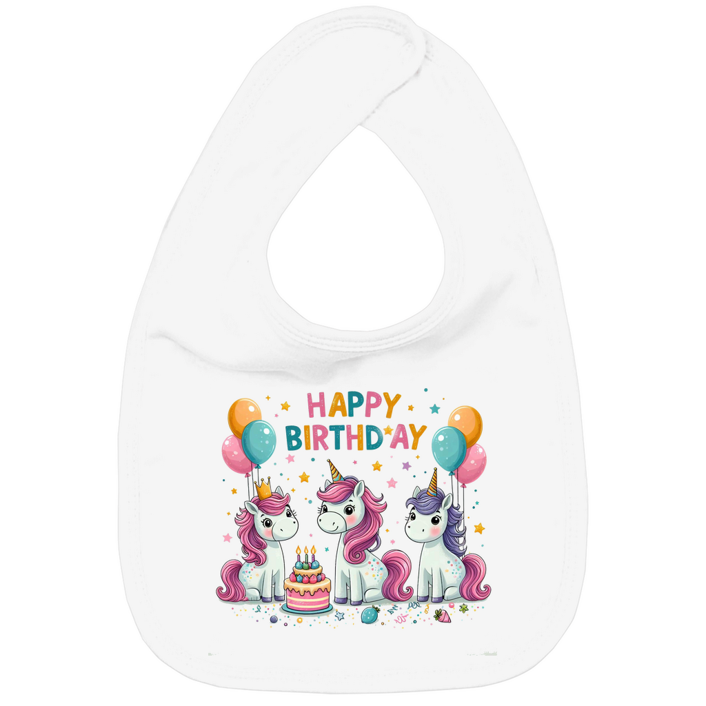 baby-lätzchen-mit-einhorn-motiv-und-schriftzug-happy-birthday-weiß
