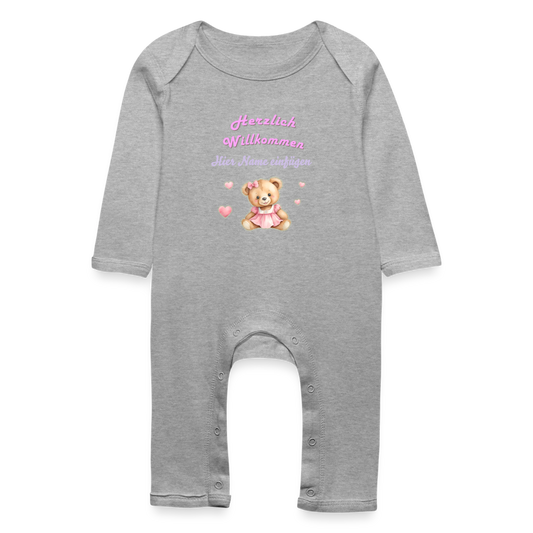 Baby Bio Strampler "Herzlich Willkommen" mit Name - Grau meliert