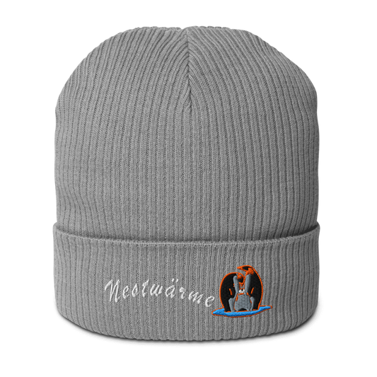 bio-baumwoll-beanie-grau-gerippt-bestickt-mit-motiv-pinguin-familie-und-schriftzug-nestwaerme