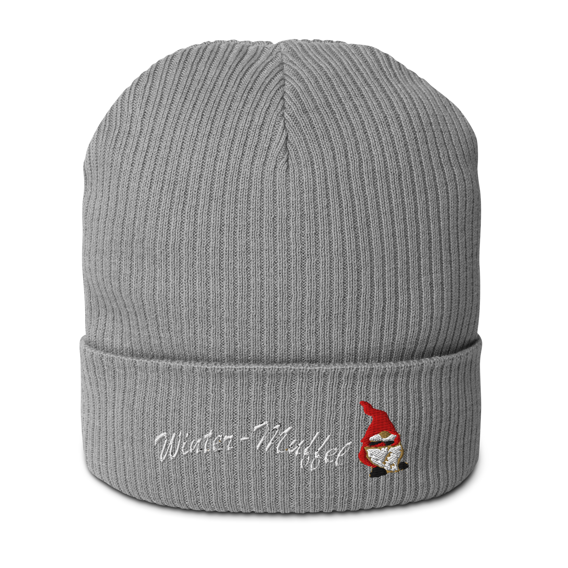 bio-baumwoll-beanie-grau-gerippt-bestickt-mit-motiv-wichtel-und-schriftzug-wintermuffel
