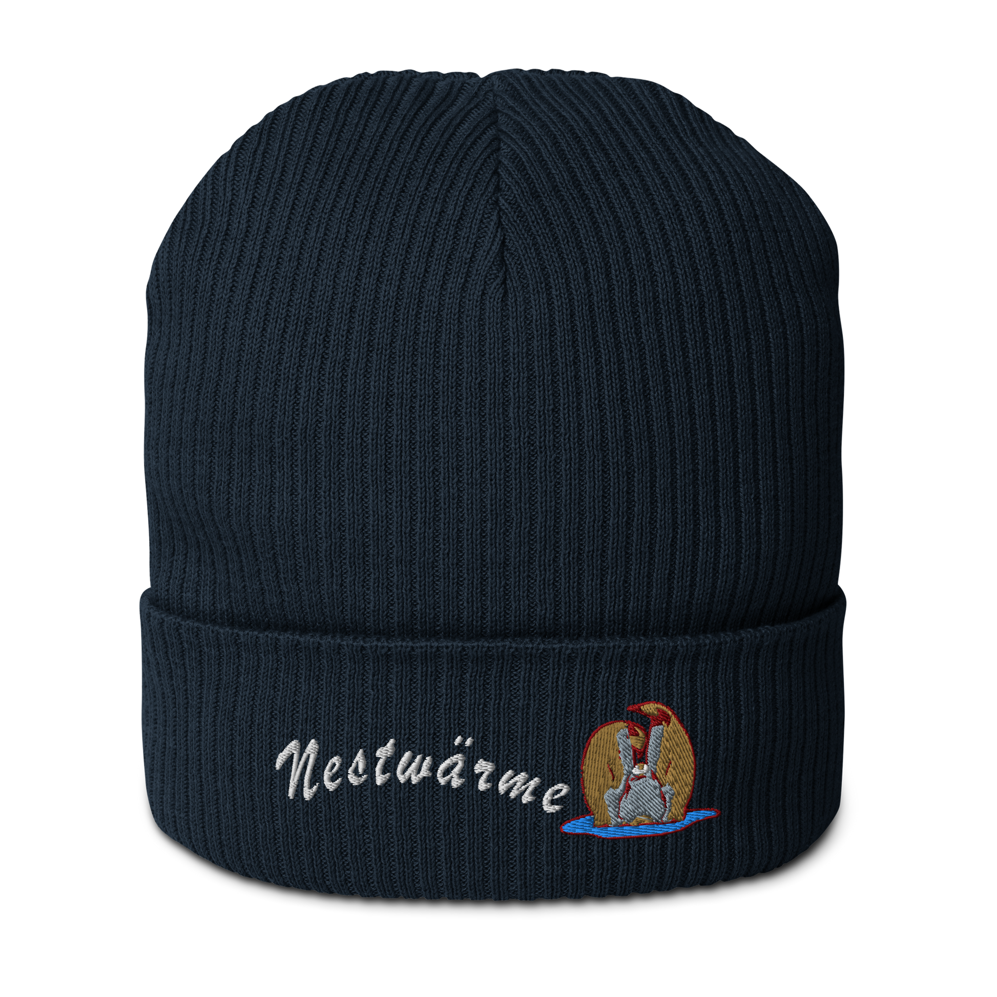 bio-baumwoll-beanie-navy-gerippt-bestickt-mit-motiv-pinguin-familie-und-schriftzug-nestwaerme