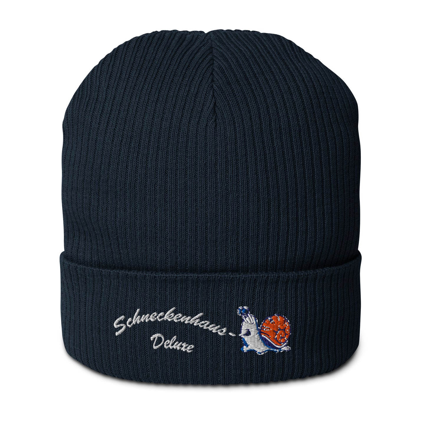 bio-baumwoll-beanie-navy-gerippt-bestickt-mit-motiv-lustige-schnecke-und-schriftzug-schneckenhaus-deluxe