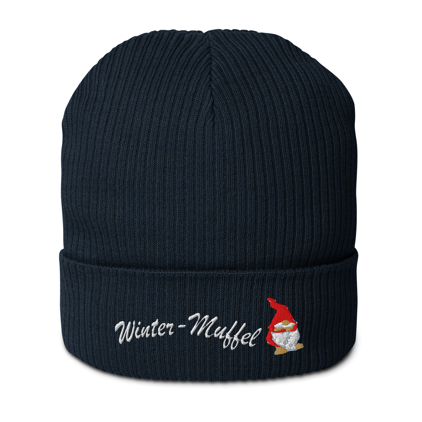 bio-baumwoll-beanie-navy-gerippt-bestickt-mit-motiv-wichtel-und-schriftzug-wintermuffel