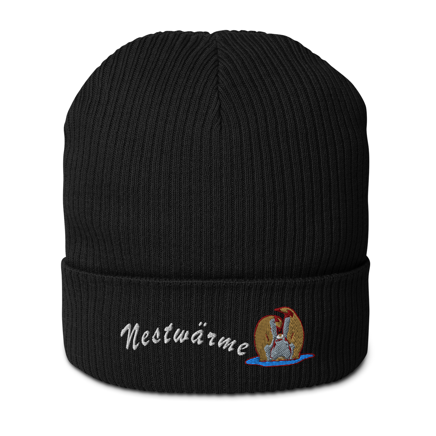 bio-baumwoll-beanie-schwarz-gerippt-bestickt-mit-motiv-pinguin-familie-und-schriftzug-nestwaerme