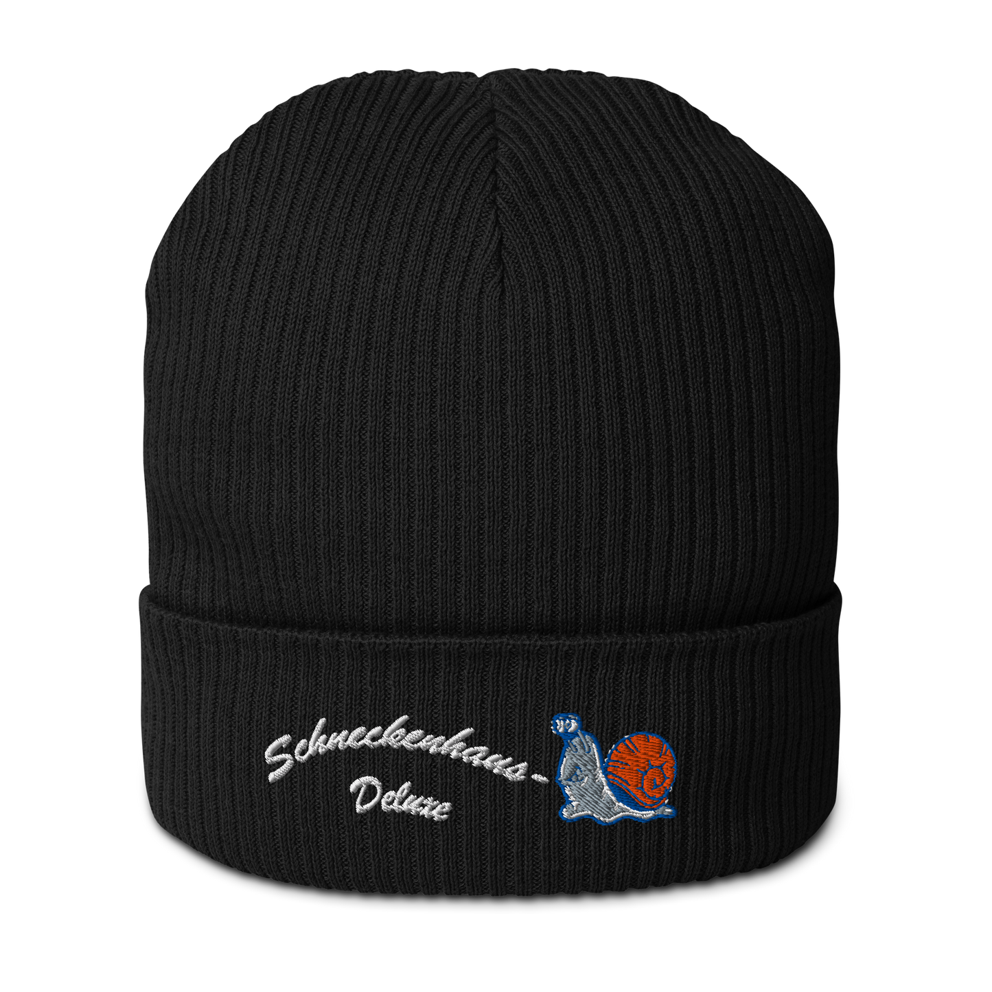bio-baumwoll-beanie-schwarz-gerippt-bestickt-mit-motiv-lustige-schnecke-und-schriftzug-schneckenhaus-deluxe