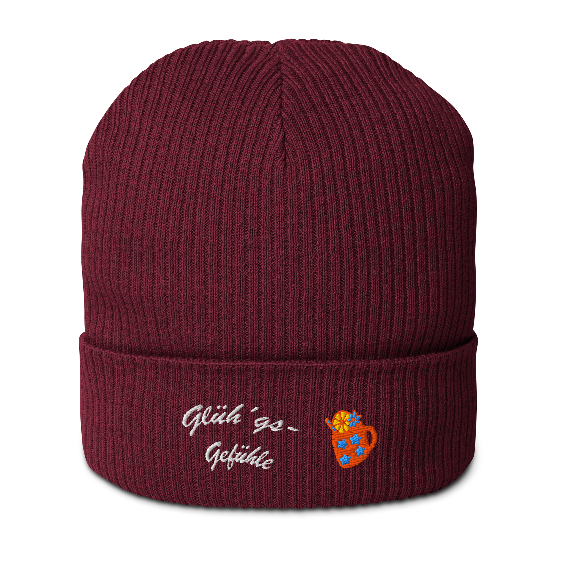bio-baumwoll-beanie-weinrot-gerippt-bestickt-mit-motiv-gluehweintasse-und-schriftzug-gluehgs-gefuehle