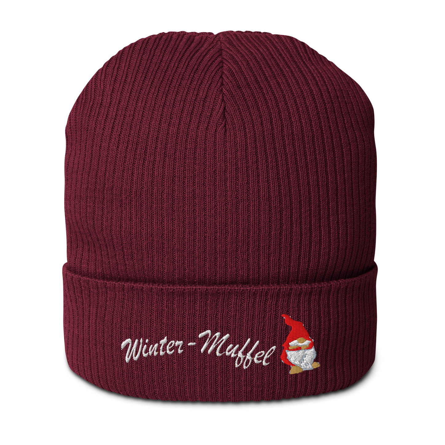 bio-baumwoll-beanie-weinrot-gerippt-bestickt-mit-motiv-wichtel-und-schriftzug-wintermuffel