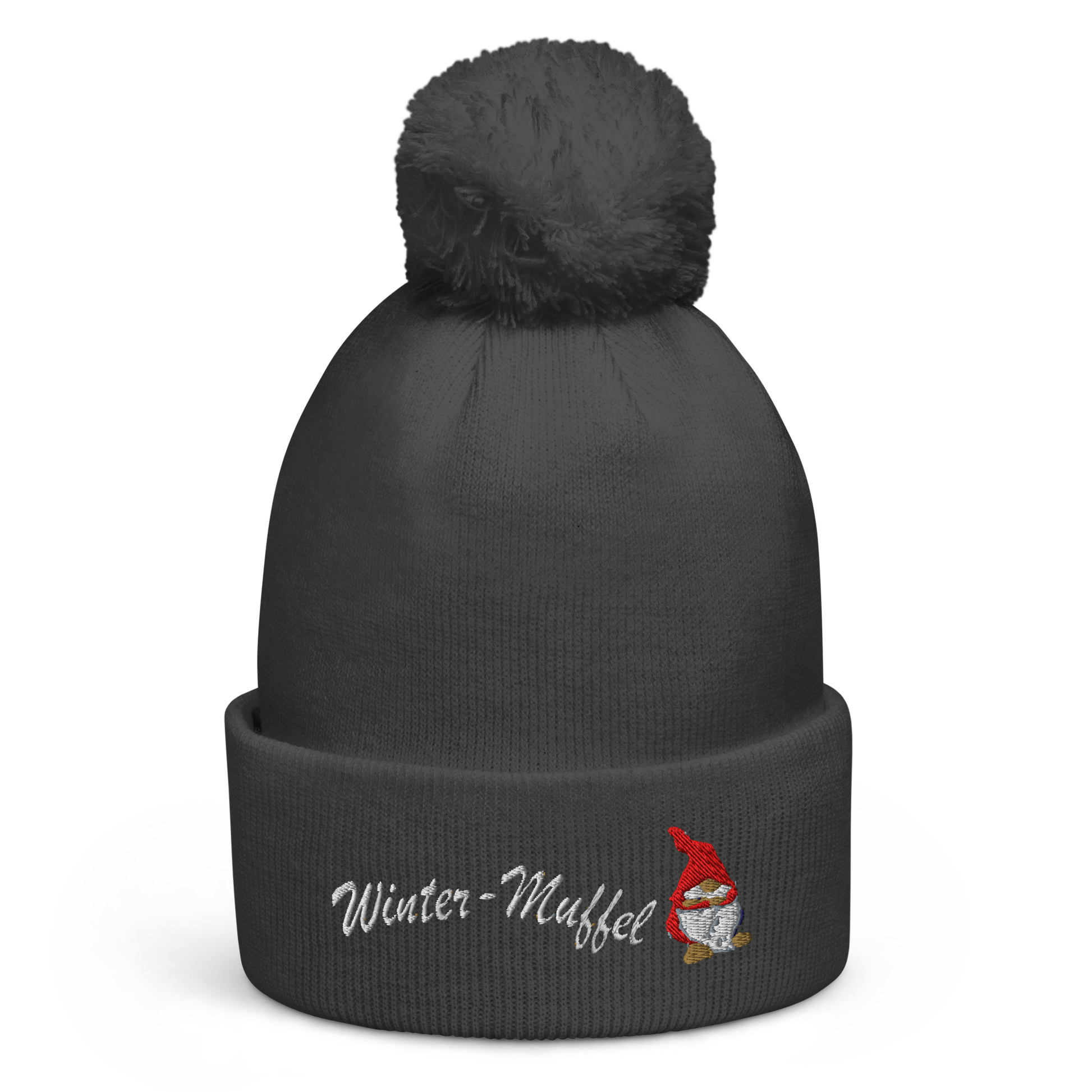 bestickte-beanie-grau-mit-bund-und-bommel-motiv-frecher-wichtel-und-schriftzug-winter-muffel
