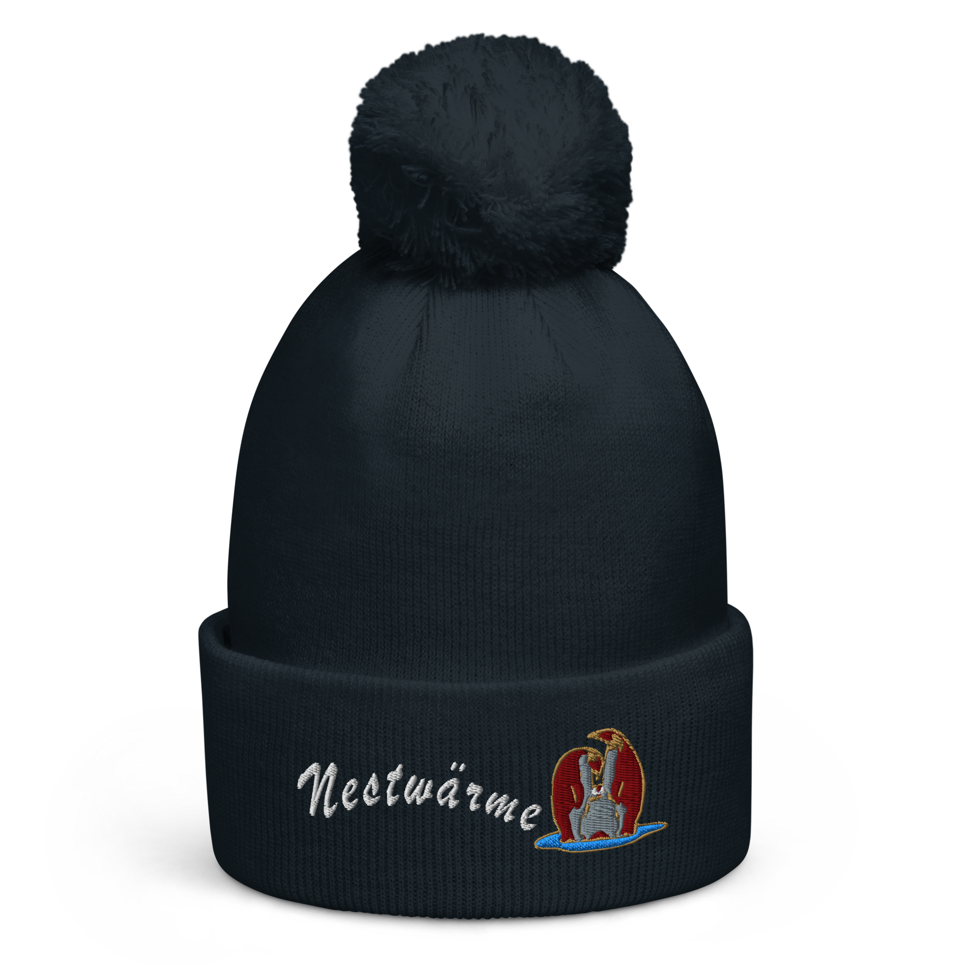 bestickte-beanie-navy-mit-bund-und-bommel-motiv-pinguin-familie-und-schriftzug-nestwaerme