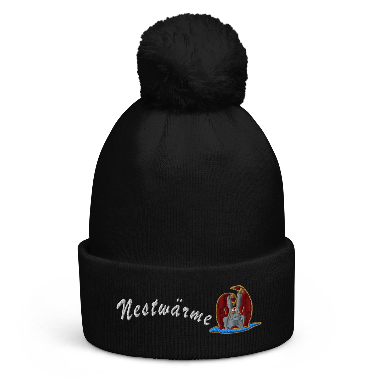 bestickte-beanie-schwarz-mit-bund-und-bommel-motiv-pinguin-familie-und-schriftzug-nestwaerme