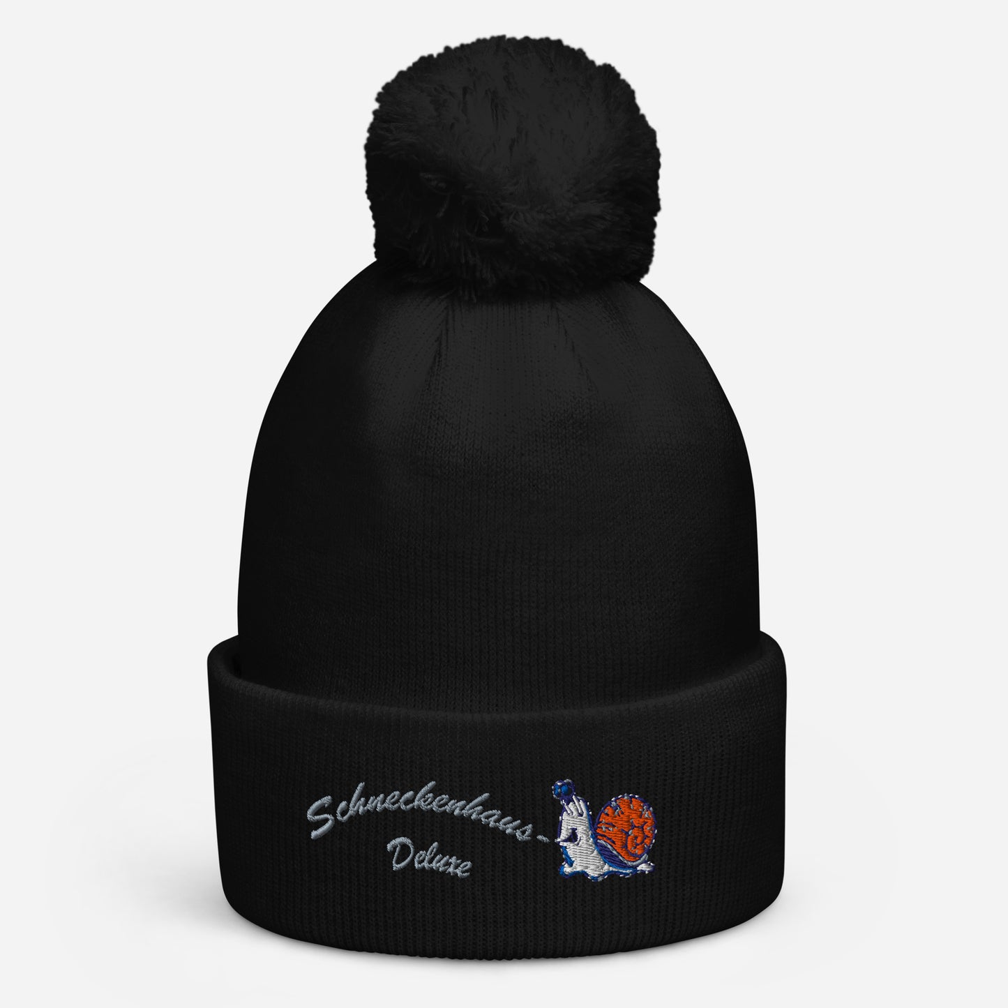 bestickte-beanie-schwarz-mit-bund-und-bommel-motiv-lustige-schnecke-und-schriftzug-schneckenhaus-deluxe