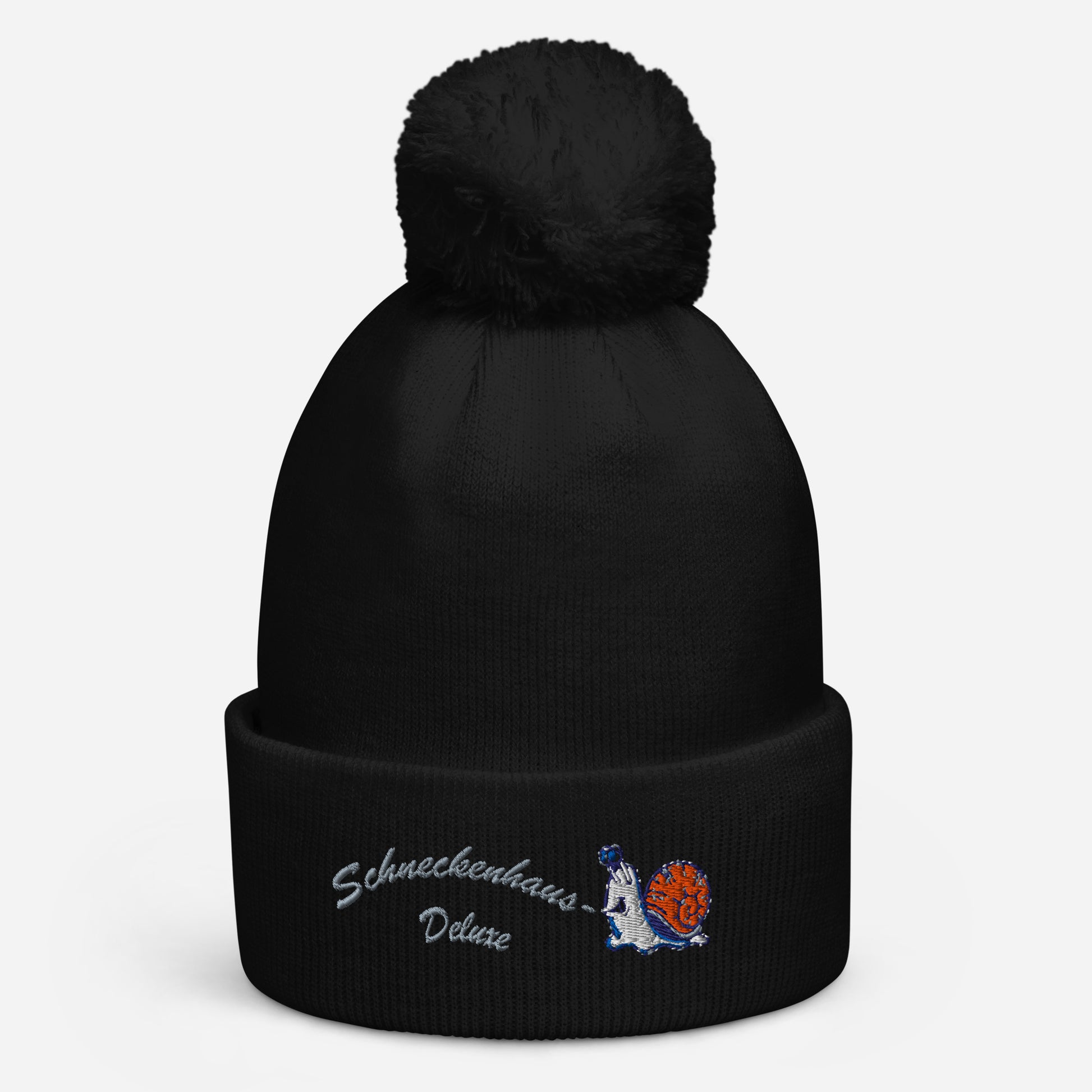 bestickte-beanie-schwarz-mit-bund-und-bommel-motiv-lustige-schnecke-und-schriftzug-schneckenhaus-deluxe