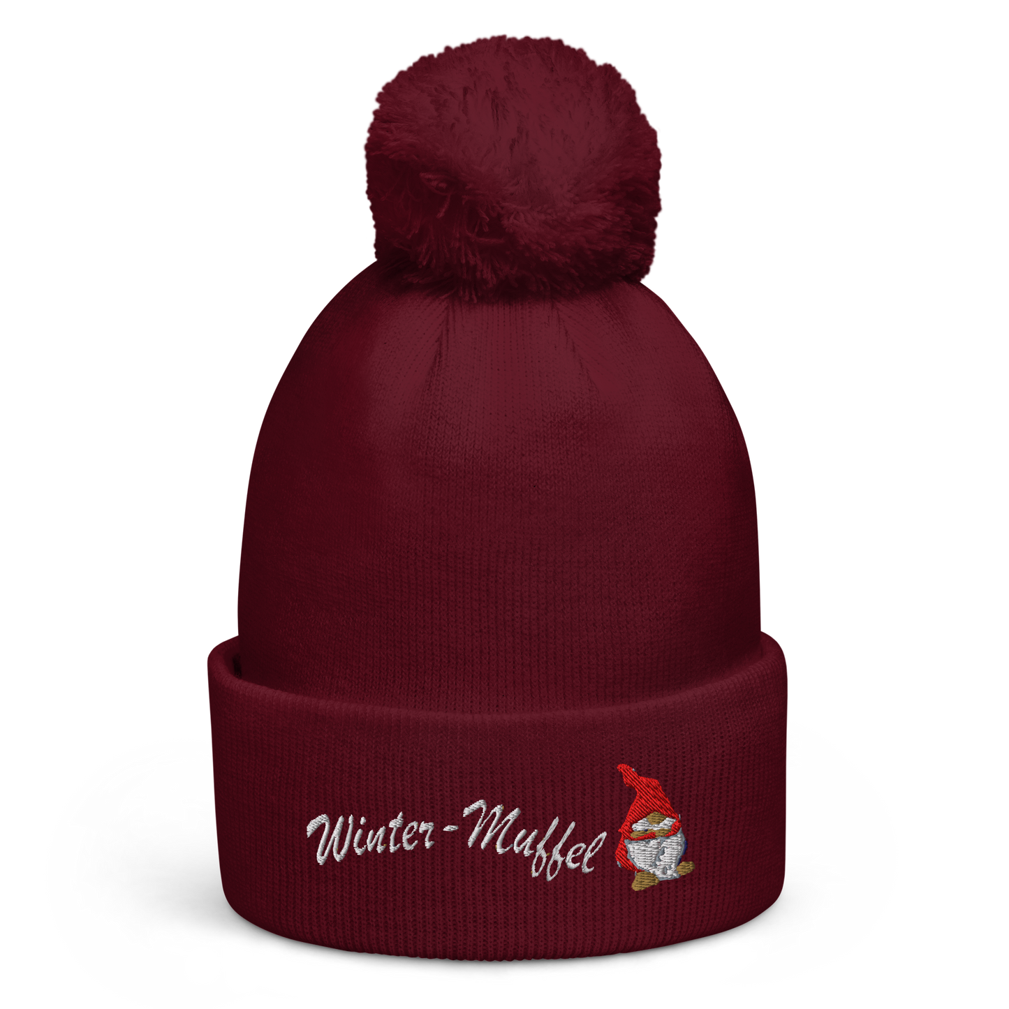 bestickte-beanie-weinrot-mit-bund-und-bommel-motiv-frecher-wichtel-und-schriftzug-winter-muffel