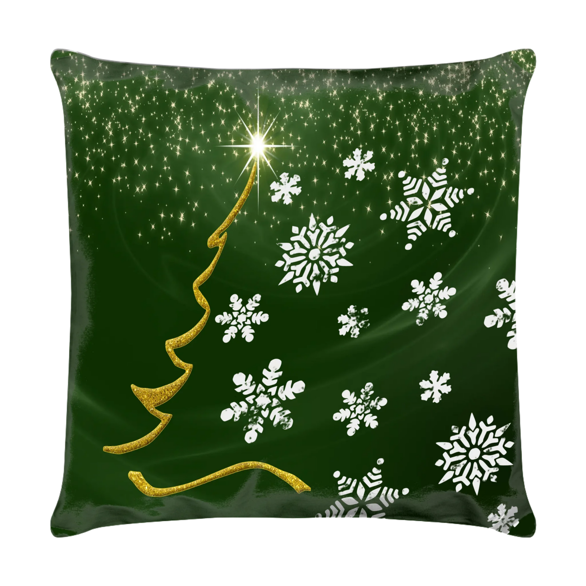 kissen-dunkel-gruen-40x40-cm-weihnachtsgeschenk-nachbarn-rueckseite-mit-goldener-weihnachtsbaum-silhouette-darueber-mit-sternen-und-daneben-mit-grossen-schneeflocken