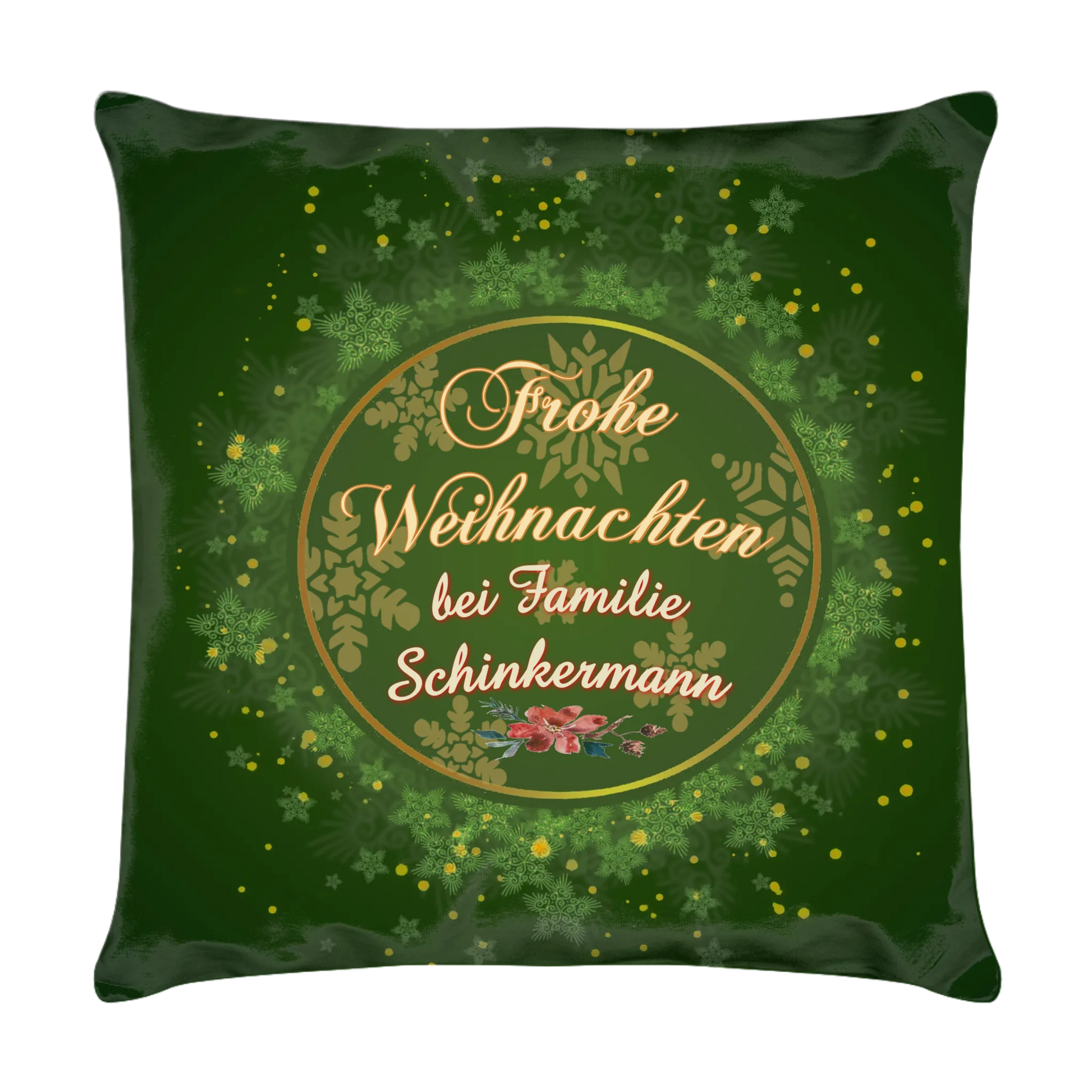 kissen-dunkel-gruen-40x40-cm-mit-familienname-geschenk-nachbarn-vorderseite-mit-schriftzug-frohe-weihnachten-bei-familie-und-personalisiertem-namen-umgeben-von-einem-runden-goldenen-rahmen-umgeben-von-schneeflocken-und-sternen