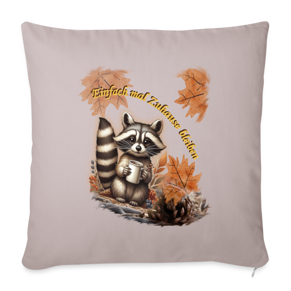 baumwollkissen-44 x44 cm- mit-motiv-waschbaer-im-herbst-mit-kaffeetasse- helles Taupe