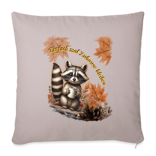 baumwollkissen-44 x44 cm- mit-motiv-waschbaer-im-herbst-mit-kaffeetasse- helles Taupe