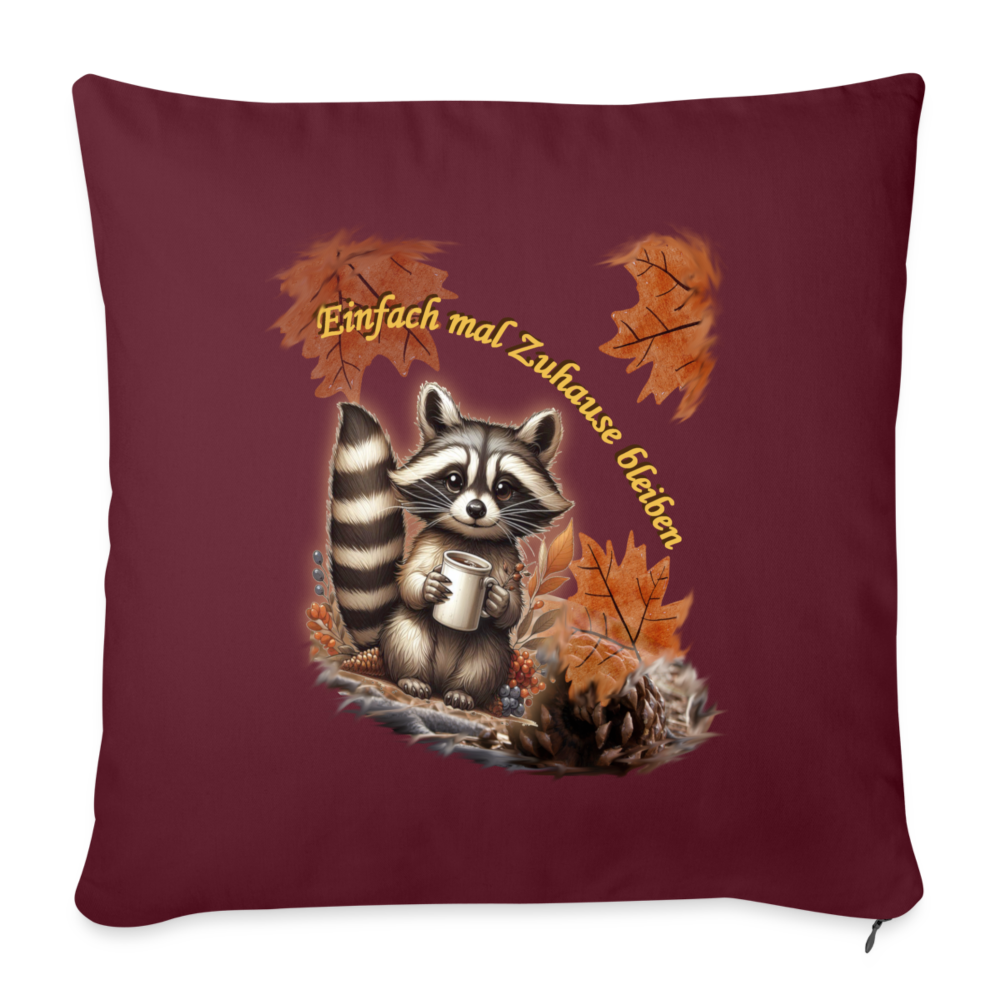 baumwollkissen-44 x44 cm- mit-motiv-waschbaer-im-herbst-mit-kaffeetasse- Burgunderrot