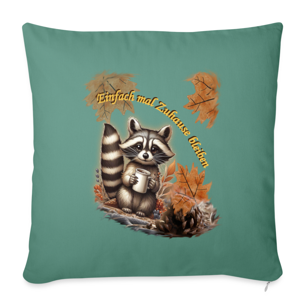 baumwollkissen-44 x44 cm- mit-motiv-waschbaer-im-herbst-mit-kaffeetasse- Tanngrün