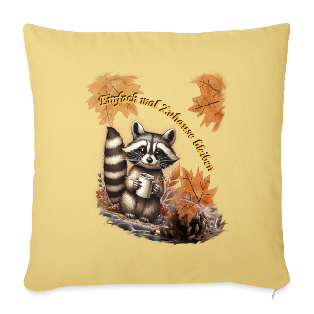 baumwollkissen-44 x44 cm- mit-motiv-waschbaer-im-herbst-mit-kaffeetasse-  - Hellgelb