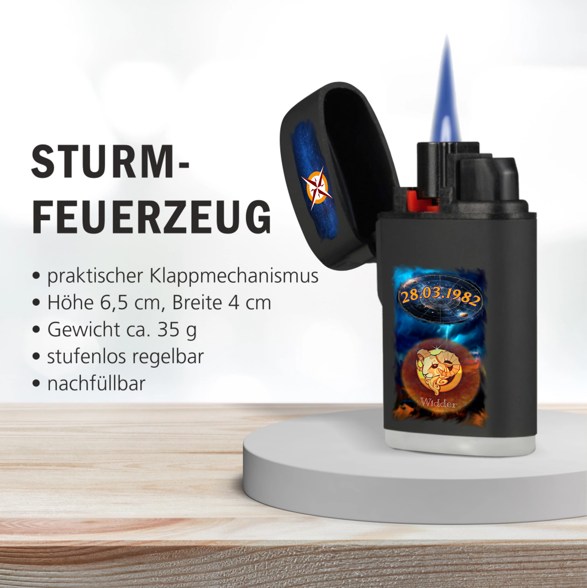 jetflame-feuerzeug-schwarz-mit-motiv-sternzeichen-geburtsdatum-und-optional-mit-name-im-hintergrund-bild-von-gewitter-feuerzeug-steht-rechts-im-bild-links-daneben-die-produktdetails