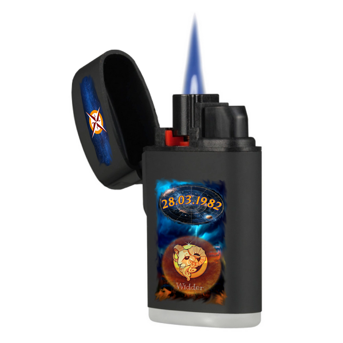 personalisiertes-jetflame-feuerzeug-schwarz-mit-motiv-sternzeichen-geburtsdatum-und-optional-mit-name-im-hintergrund-bild-von-gewitter-feuerzeug-abgebildet-ohne-hintergrund-aufgeklappt-mit-flamme