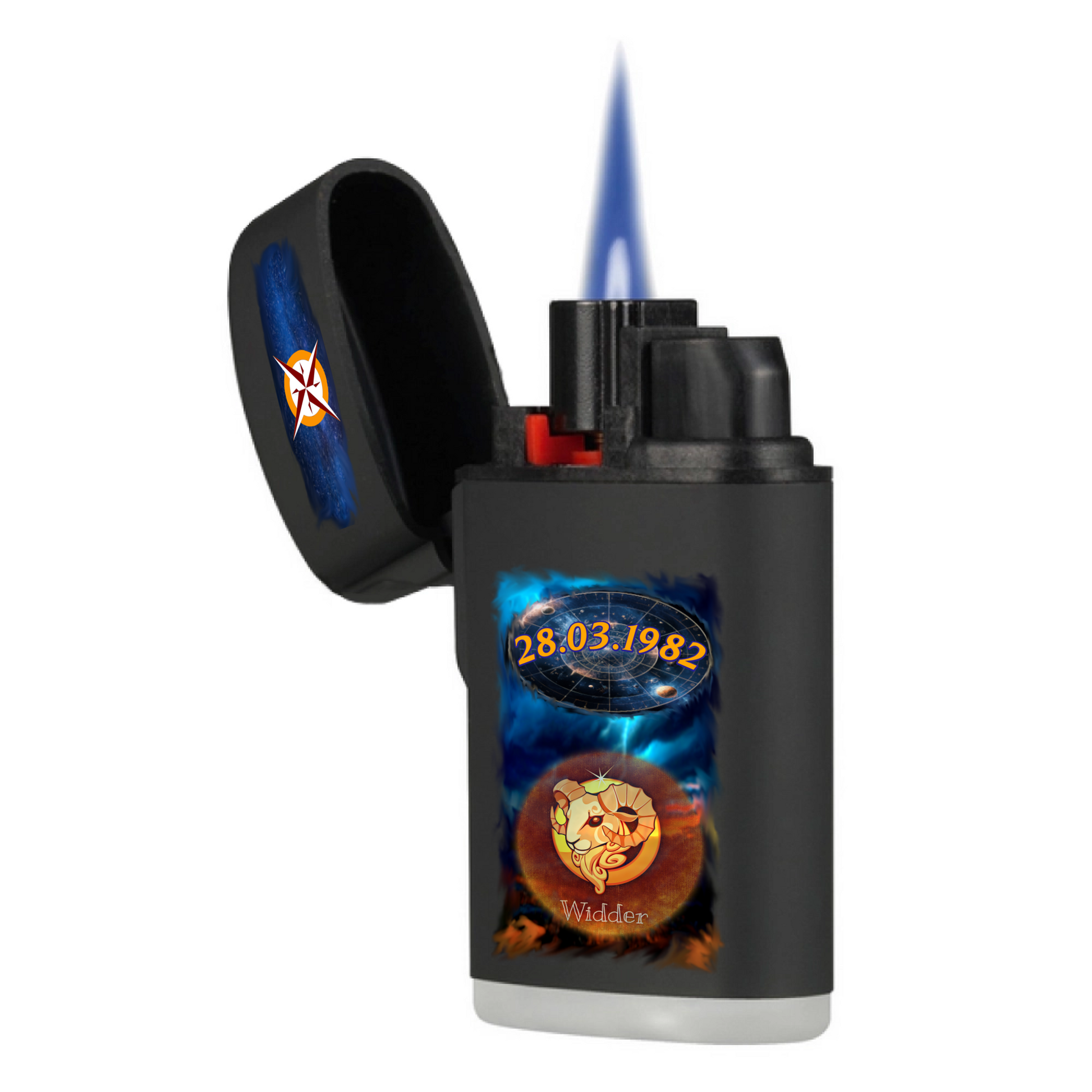 personalisiertes-jetflame-feuerzeug-schwarz-mit-motiv-sternzeichen-geburtsdatum-und-optional-mit-name-im-hintergrund-bild-von-gewitter-feuerzeug-abgebildet-ohne-hintergrund-aufgeklappt-mit-flamme