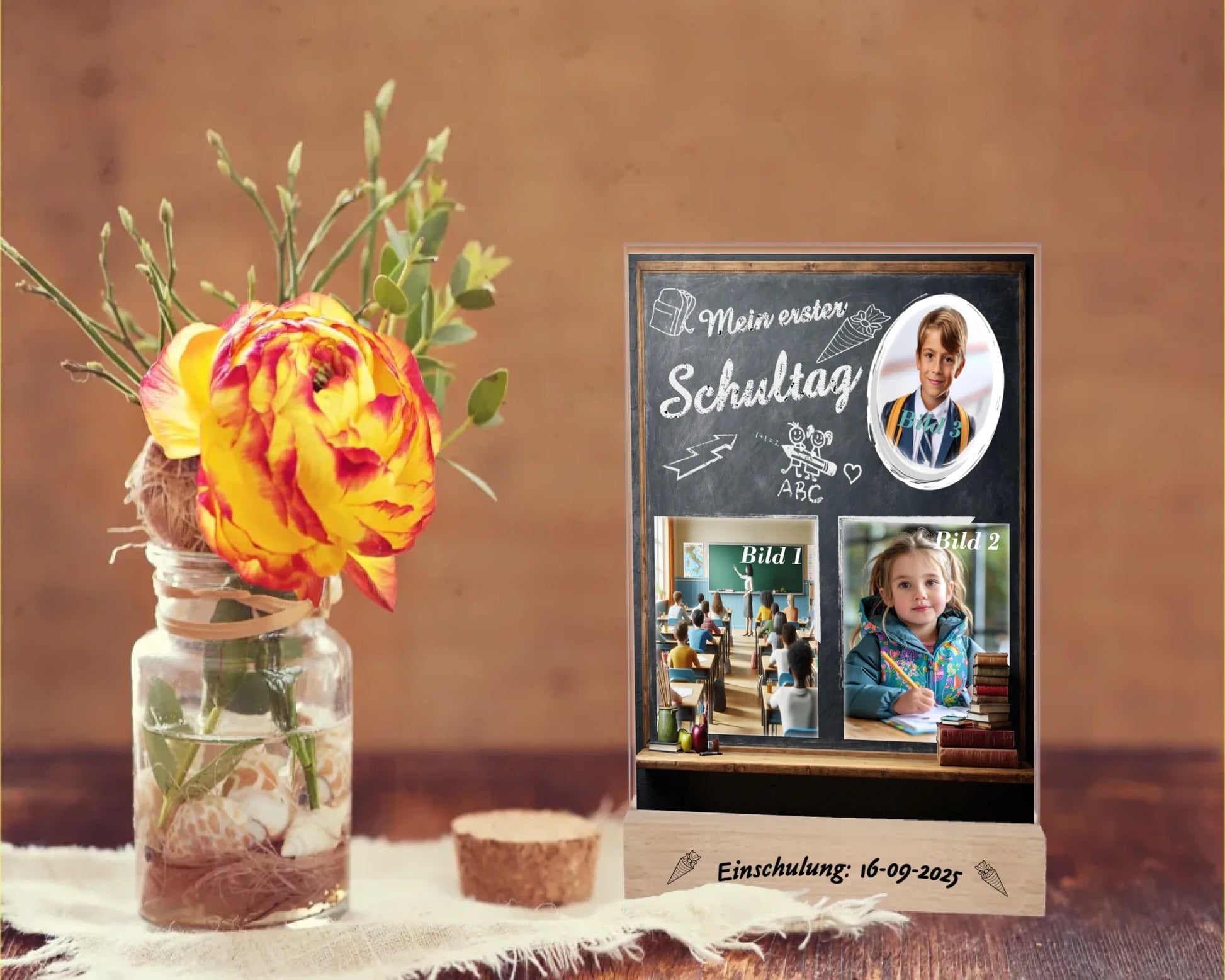personalisierter-fotoaufsteller-acryl-15x20cm-optik-schultafel-mit-drei-fotos-gravur-am-holzsockel-mit-einschulungsdatum-steht-auf-rustikalem-holztisch-neben-einer-rose