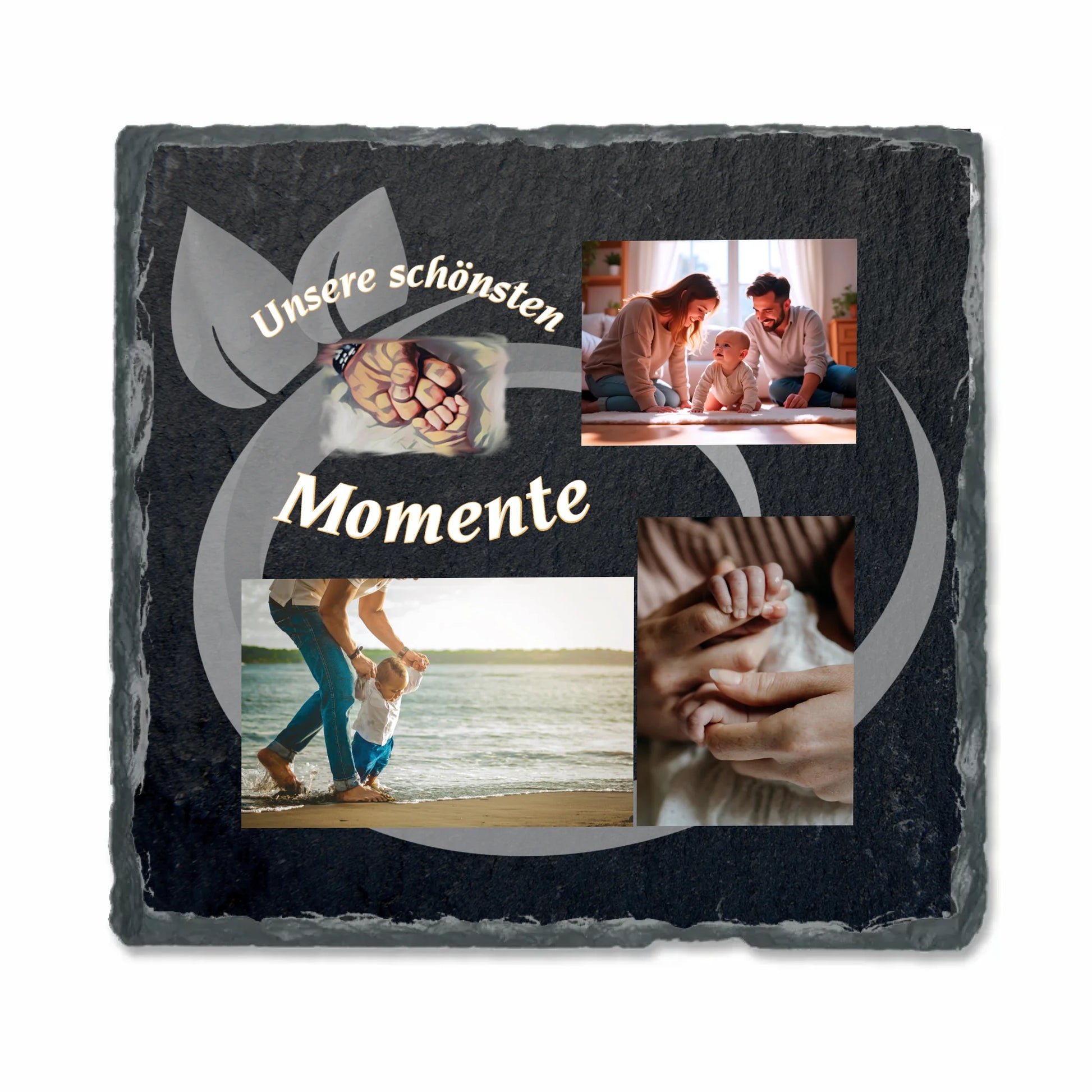 personalisierte-schieferplatte-quadratisch-15x15-cm-design-mit-drei-fotos-und-ausgewählten-motiv-mit-personaliserbaren-schriftzug-unsere-schönsten-momente