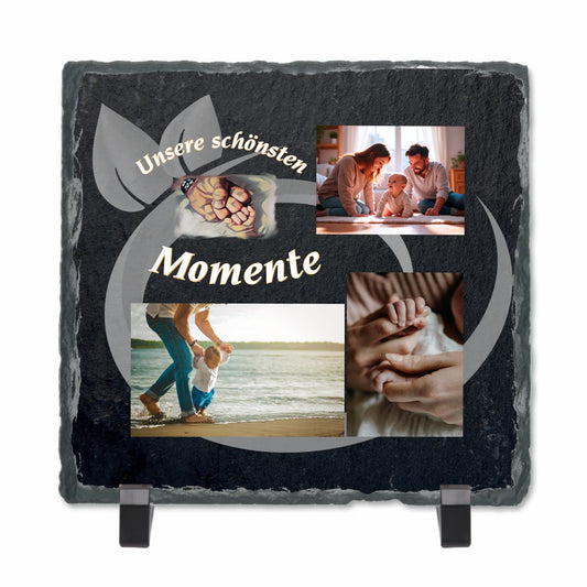 personalisierte-schieferplatte-mit-standfuss-quadratisch-15x15-cm-design-mit-drei-fotos-und-ausgewählten-motiv-mit-personaliserbaren-schriftzug-unsere-schönsten-momente