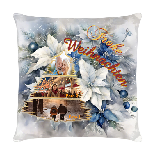 kissen-40x40-cm-mit-foto-collage-vorderseite-mit-collage-mit-drei-eigenen-bildern-in-tannenbaum-form-darueber-schriftzug-frohe-weihnachten-in-gold-gelb-und-weinrot-hintergrund-ist-blume-weihnachtsstern-in-weiss-blau