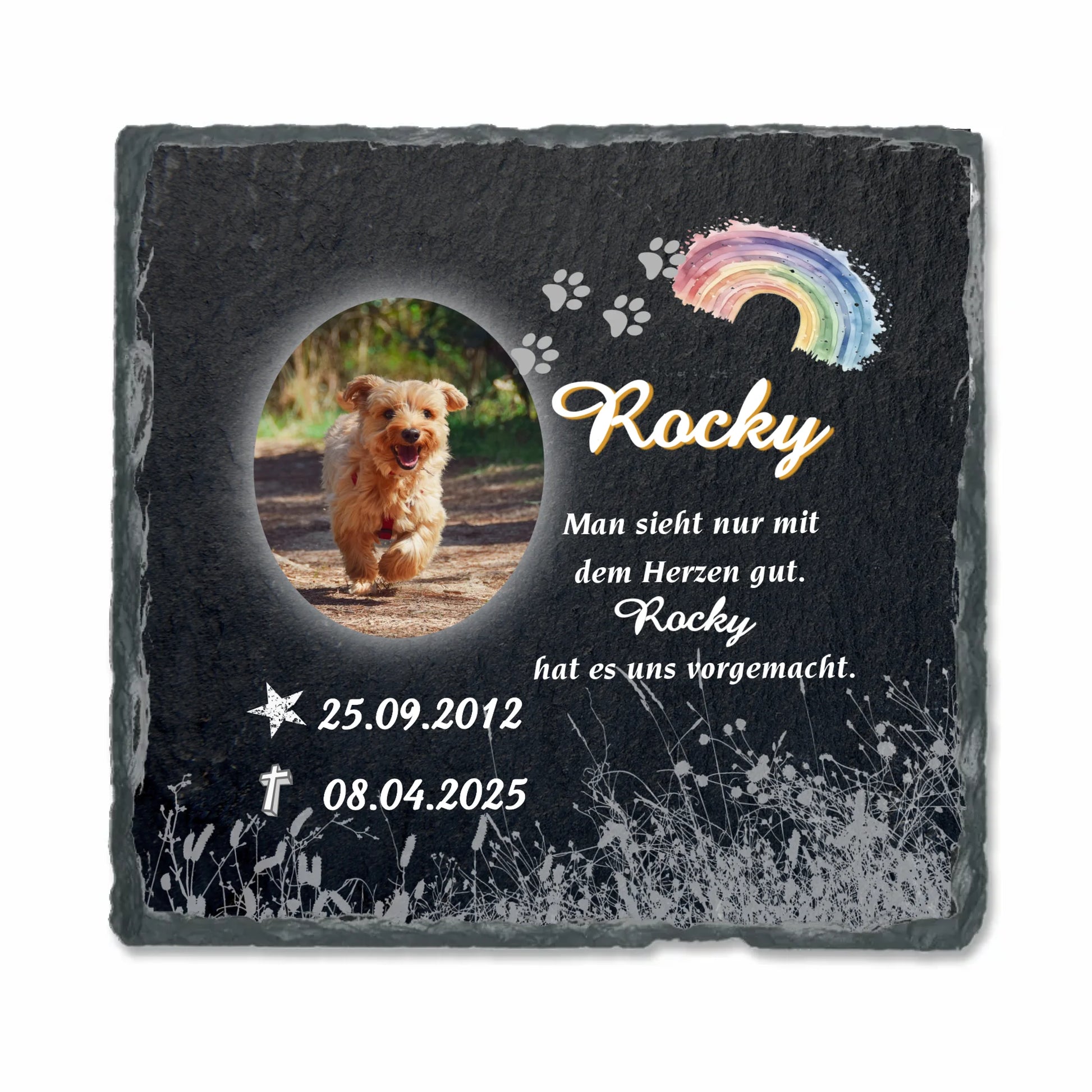 gedenktafel-hund-mit-foto-zitat-schiefer-weißer-hintergrund