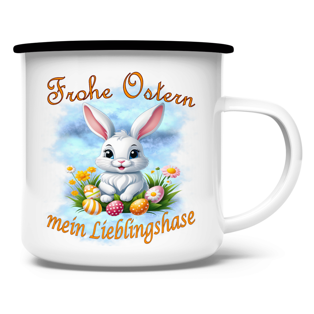 weisse-emailletasse-schwarzer-rand-mit-hasenmotiv-und-schriftzug-frohe-ostern