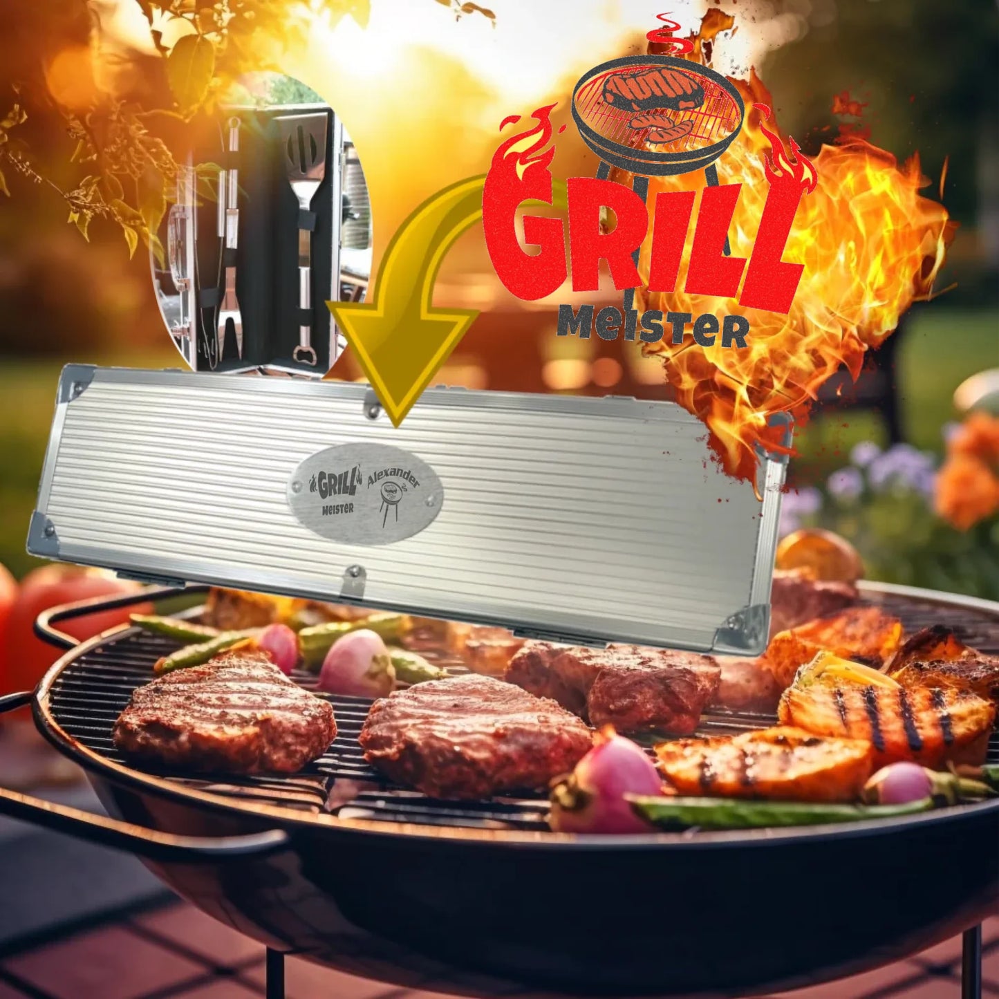 grillkoffer-mit-drei-teiligen-grillbesteck-set-koffer-mit-persönlicher-gravur-im-hintergrund-ein-belegter-grill