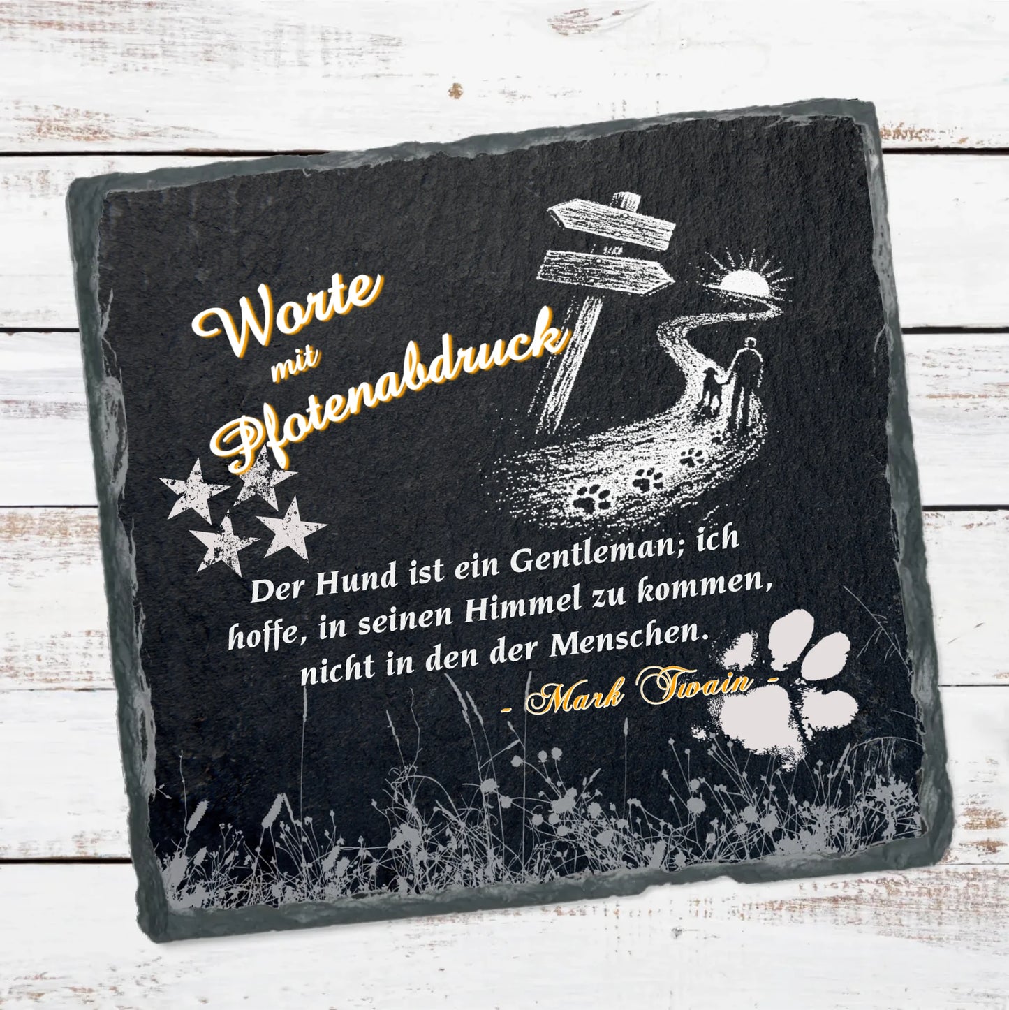 schieferplatte-15x15cm-schwarz-mit-waehlbarem-hunde-zitat-in-weißer-schrift-und-motiv-silouette-mann-mit-hund-auf-einem-weg-darueber-schriftzug-worte-mit-pfotenabdruck