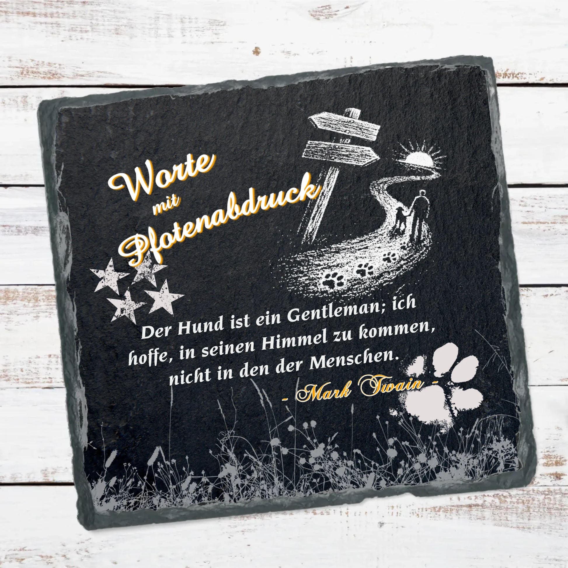 schieferplatte-15x15cm-schwarz-mit-waehlbarem-hunde-zitat-in-weißer-schrift-und-motiv-silouette-mann-mit-hund-auf-einem-weg-darueber-schriftzug-worte-mit-pfotenabdruck